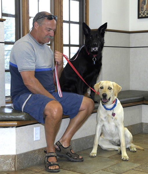 Owner with his dogs, waiting for their checkup